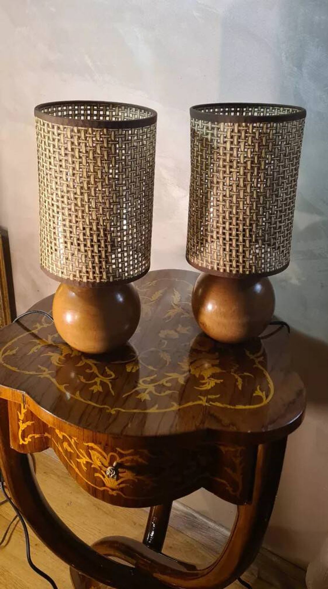 pair of Scandinavian wooden ball bedside lamps elec ok 32x14