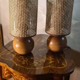 pair of Scandinavian wooden ball bedside lamps elec ok 32x14