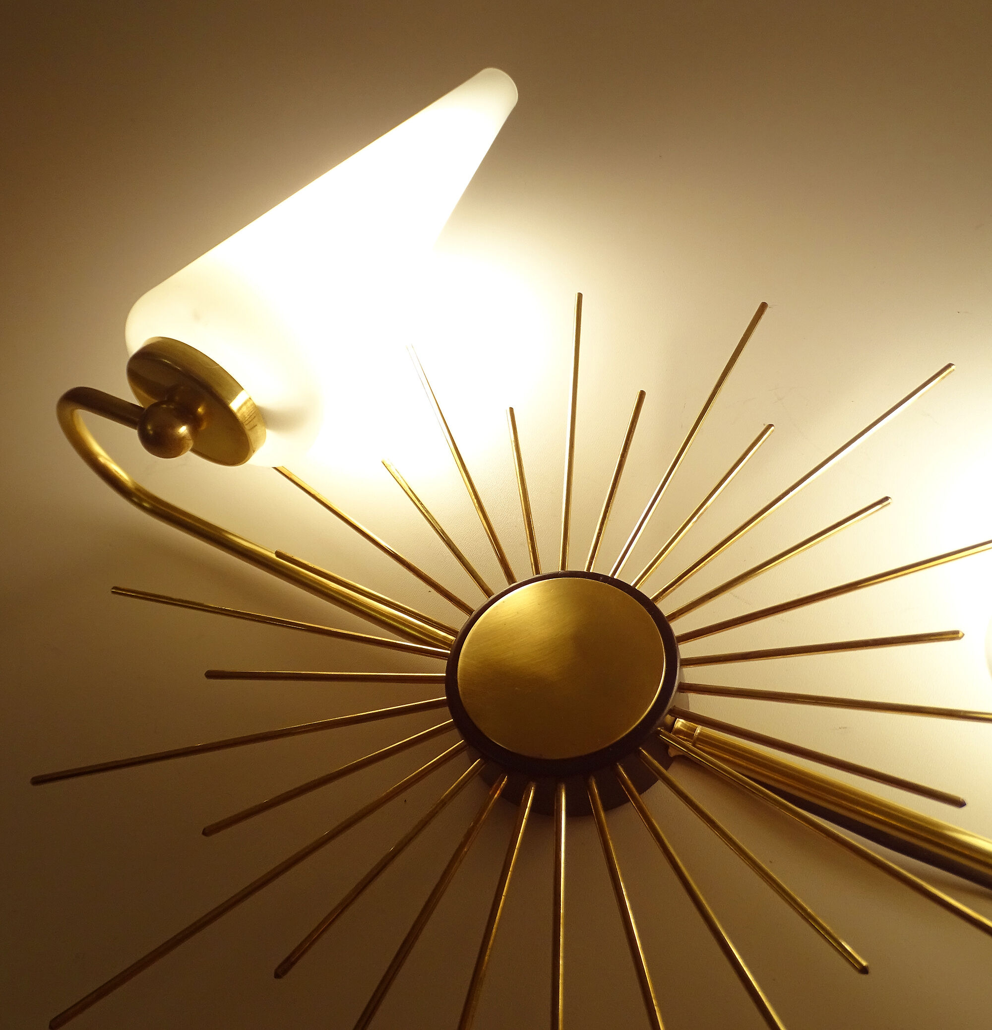 Pair of vintage sconces, sun, glass and brass, 60s