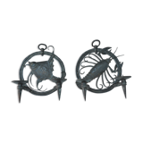 Pair of carved metal wall lamps signed RG