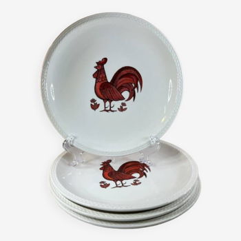 Set of 4 flat plates with red rooster hen decor