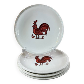 Lot 4 assiettes plates décor coq poule rouge