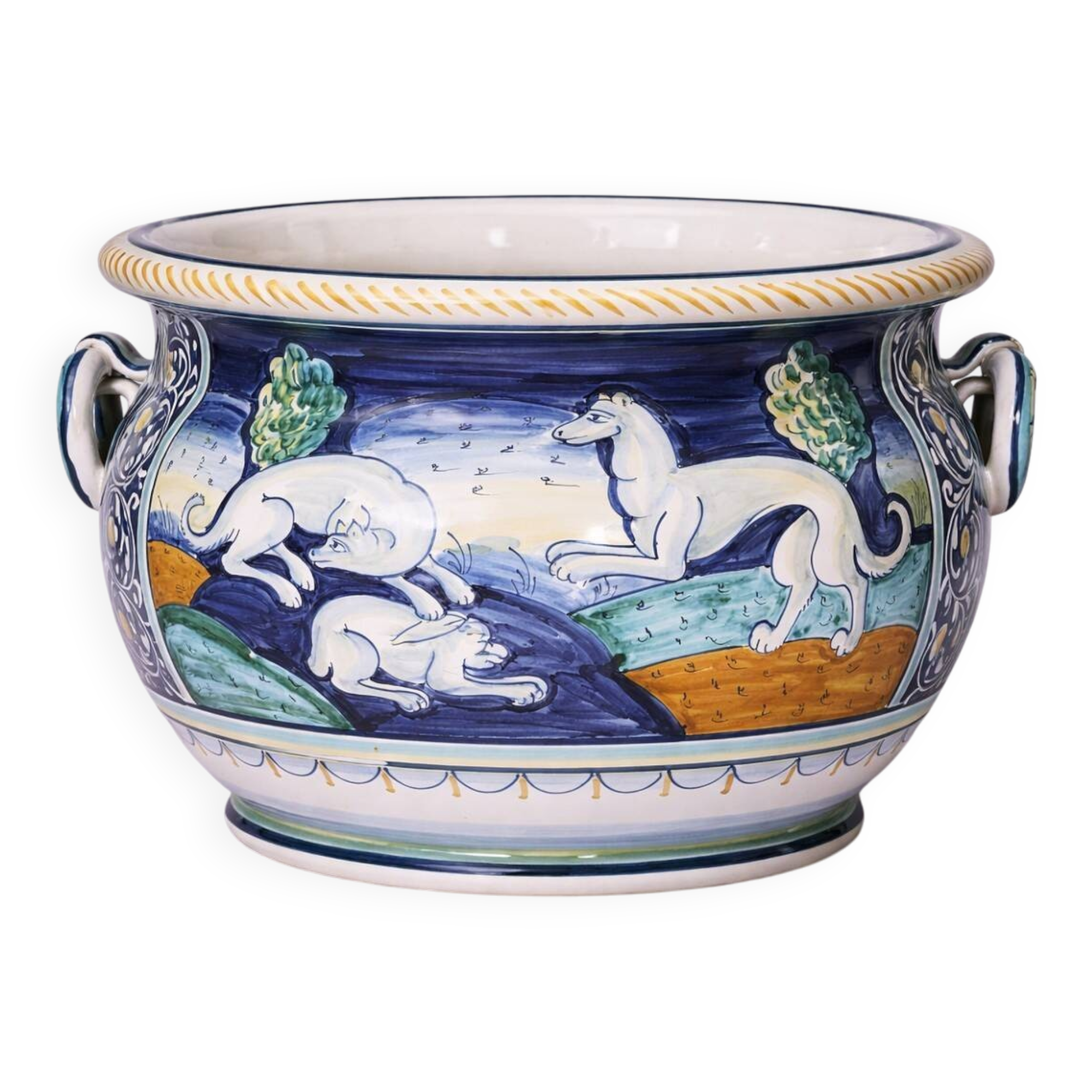 Italy early 20th century: Large cachepot or planter in glazed earthenware.