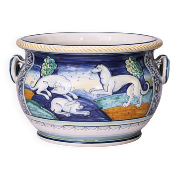 Italy early 20th century: Large cachepot or planter in glazed earthenware.