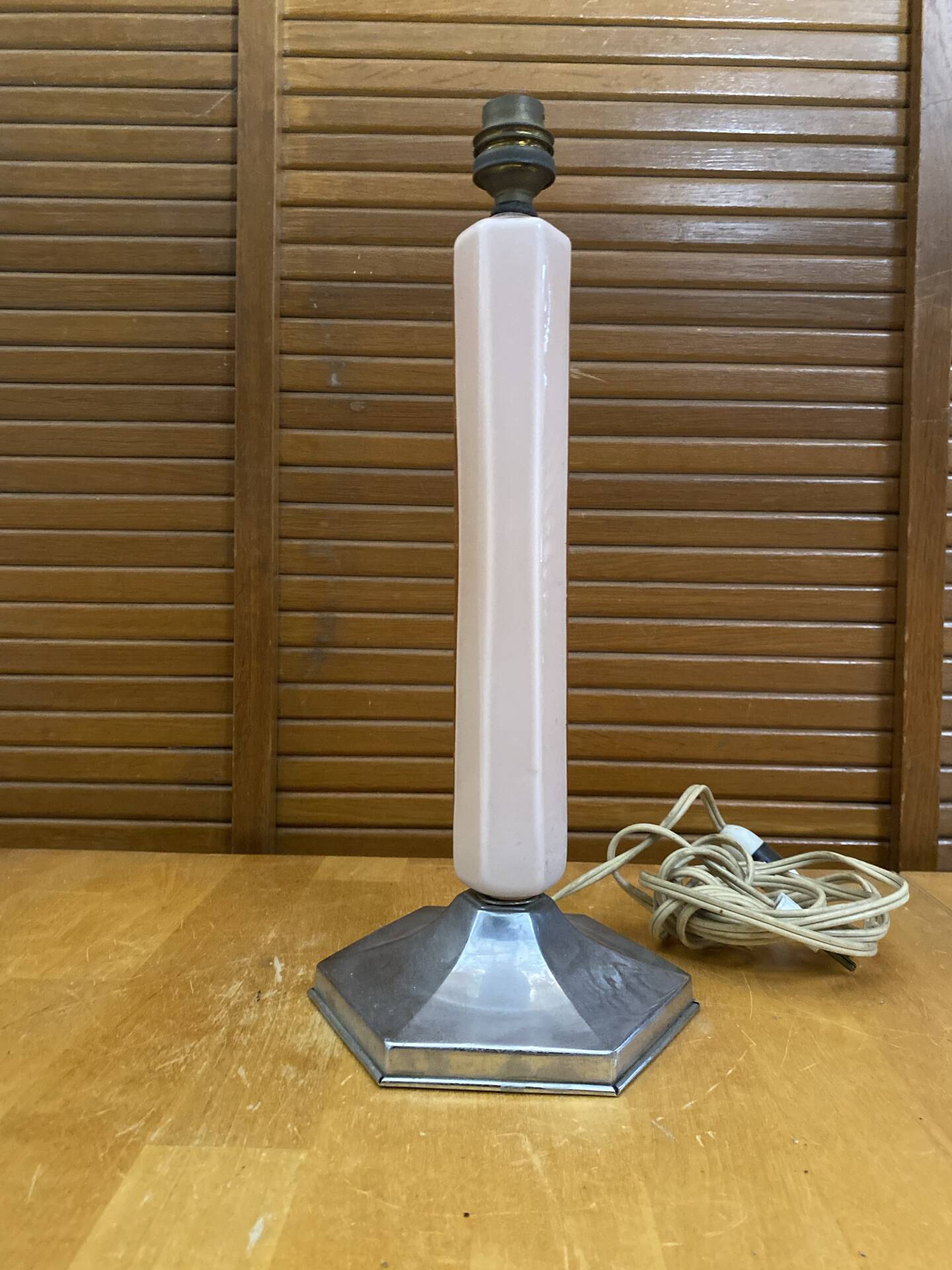 Old art deco hexagonal chrome metal lamp base + vintage pink glass