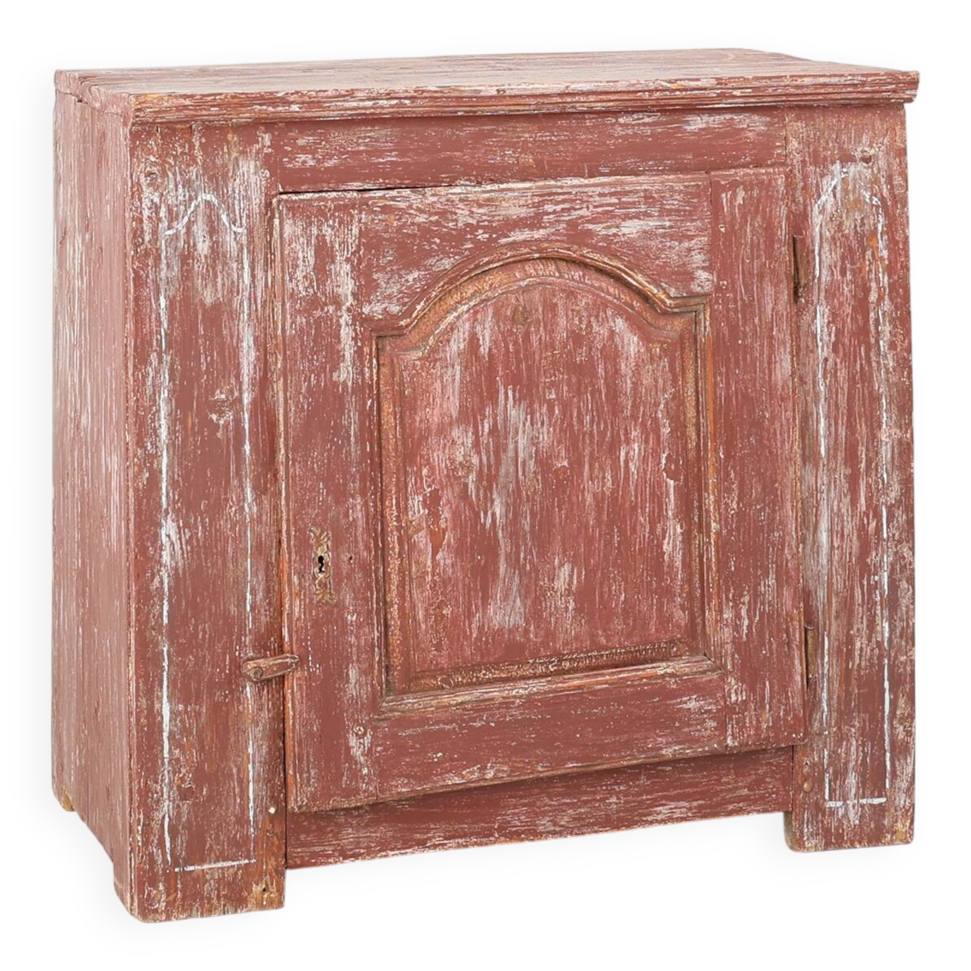 Rustic Parisian cabinet in pine wood with old burgundy paint layers, ca. 18