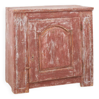 Rustic Parisian cabinet in pine wood with old burgundy paint layers, ca. 18