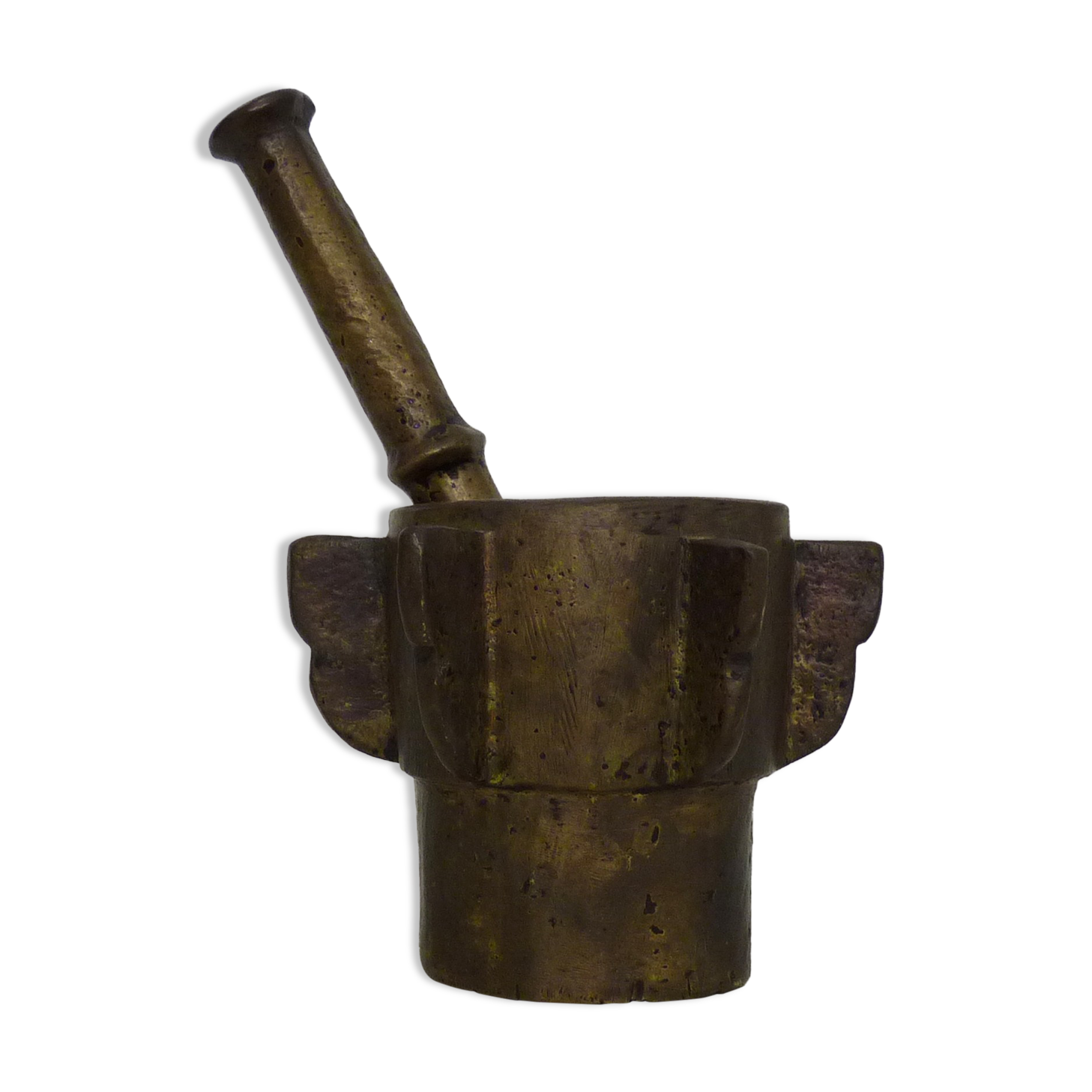 Old apothecary mortar with fins and its bronze pestle