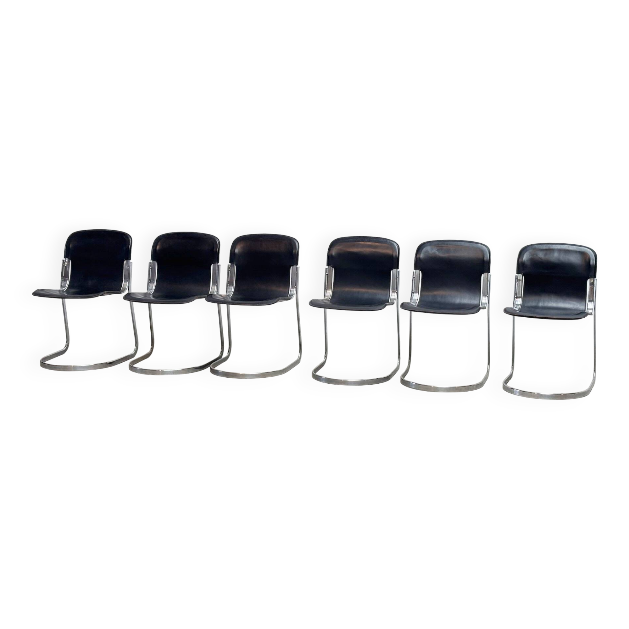 Set of six Willy Rizzo dining chairs in black leather