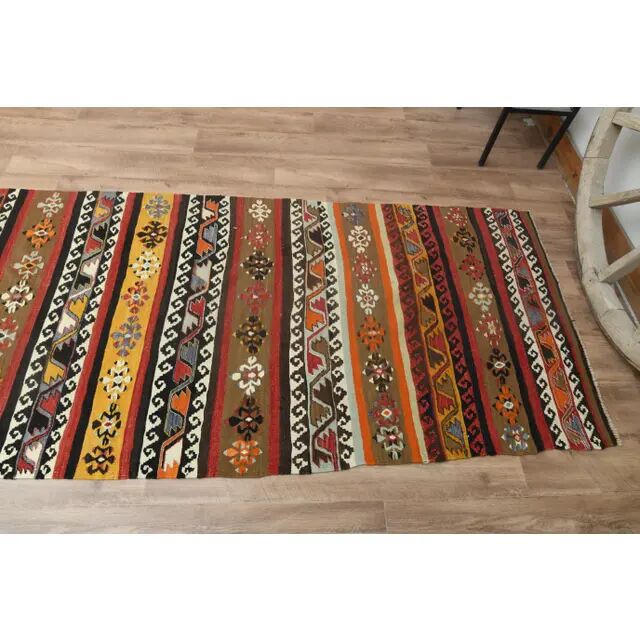 Tapis Kilim coloré en laine et coton fait main turc vintage des années 1970 98x405
