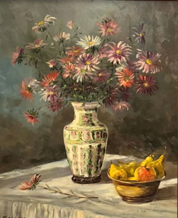 Christophe Rielland XX century. Oil on canvas with a bouquet.