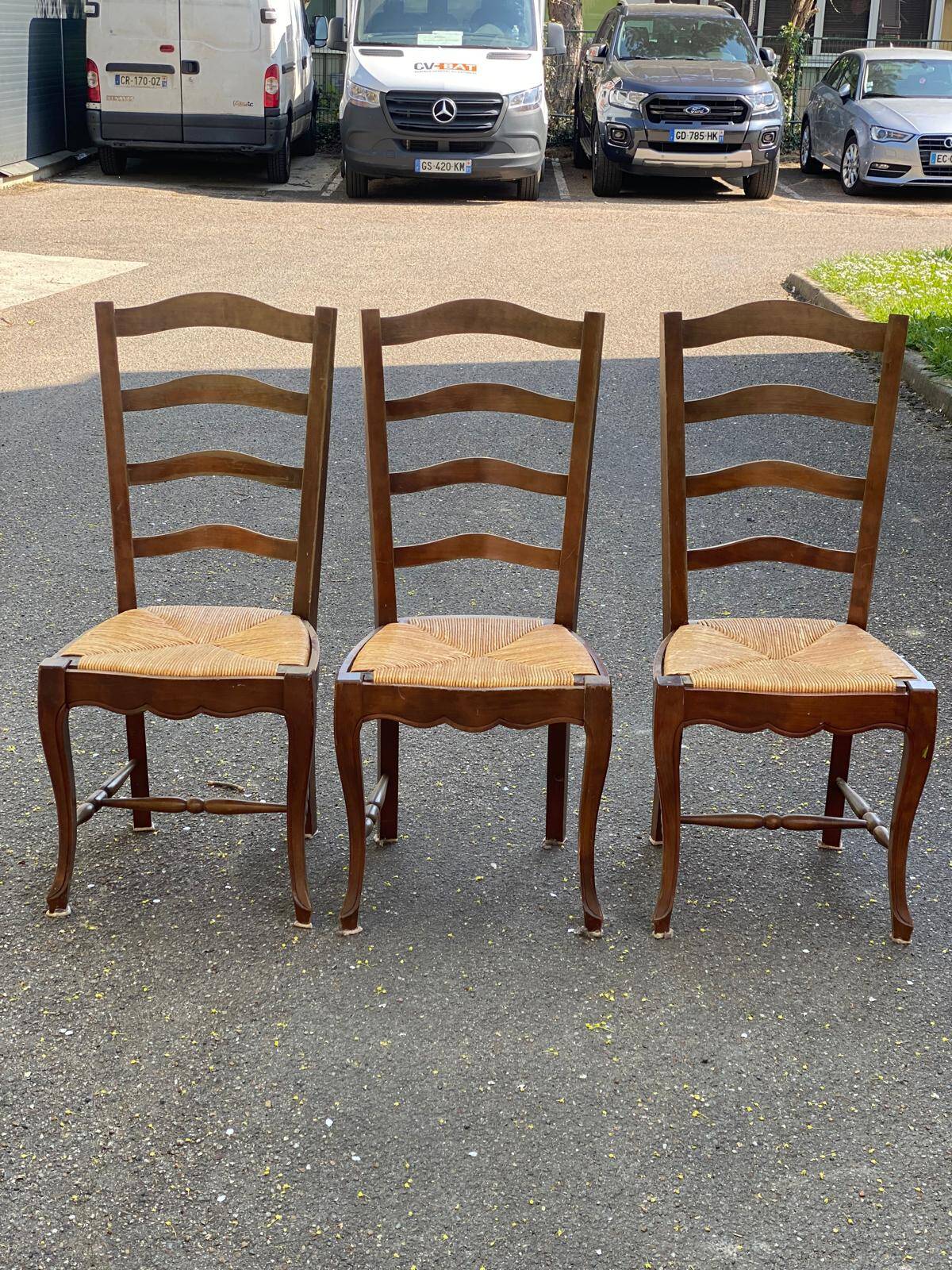 3 solid wood straw chairs, farmhouse style