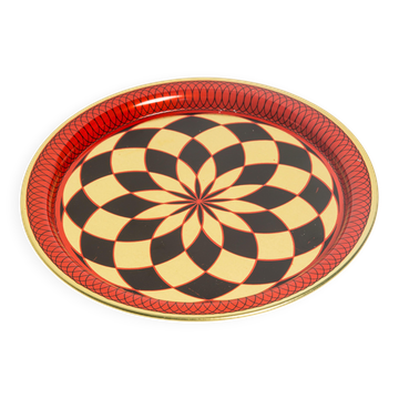 Vintage decorative plate in red, black, and gold metal, Poland, 1960s.