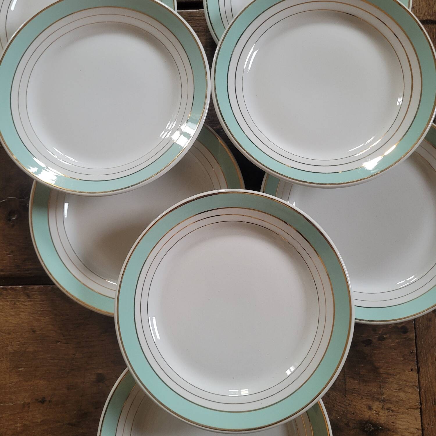 8 Lunéville Régence green water gold flat plates circa 1960