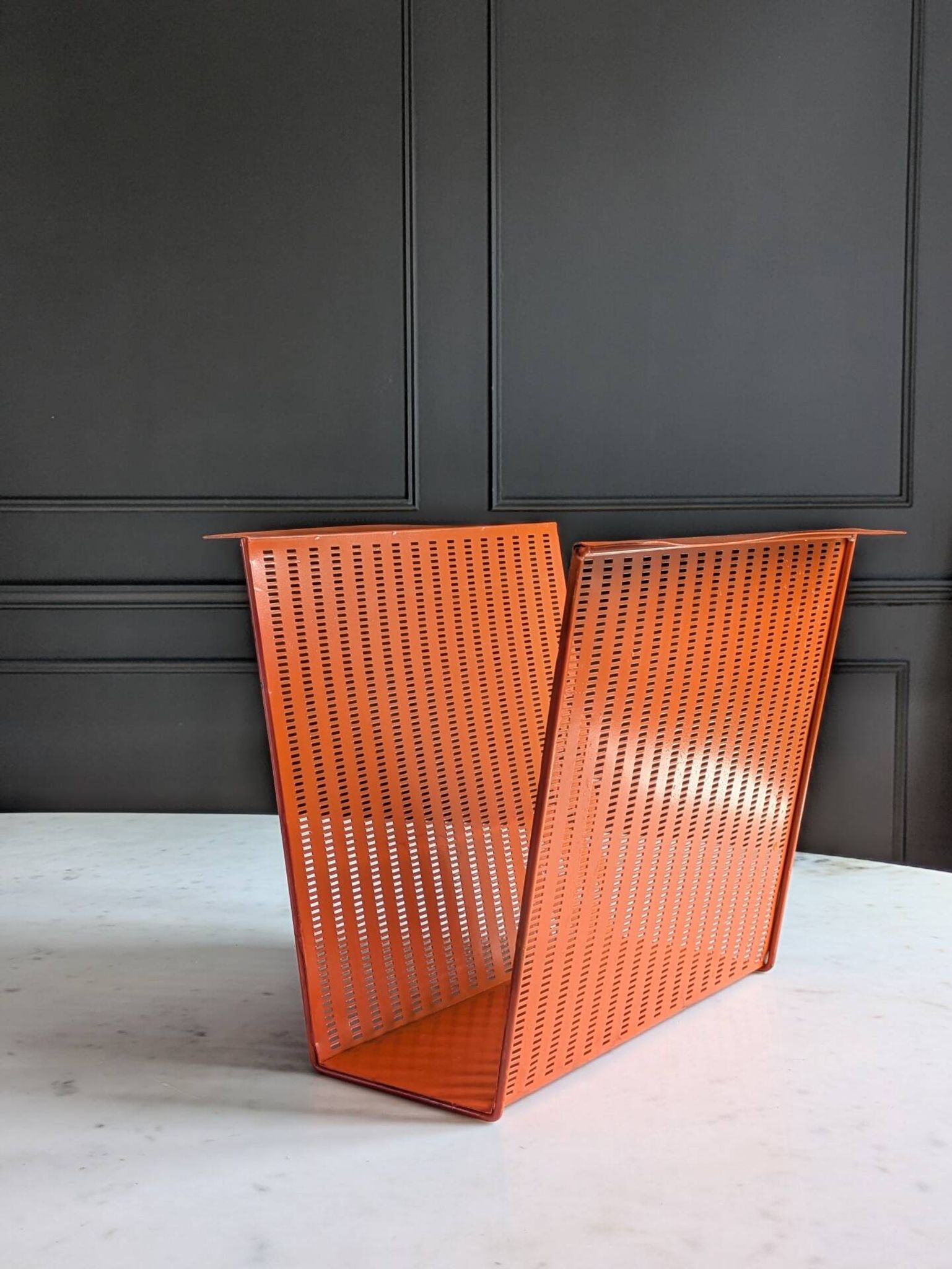 Vintage metal magazine rack in perforated orange/Mathieu Mategot style/70s