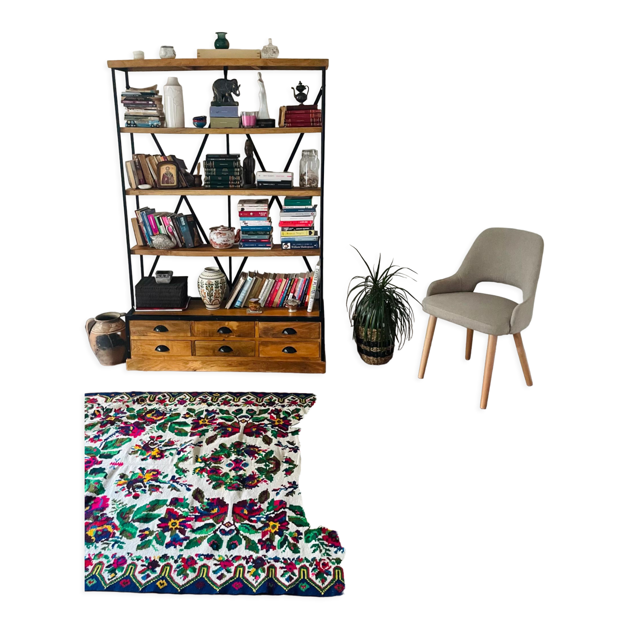 White vintage floral rug made by hand in Romania, beautiful flowers