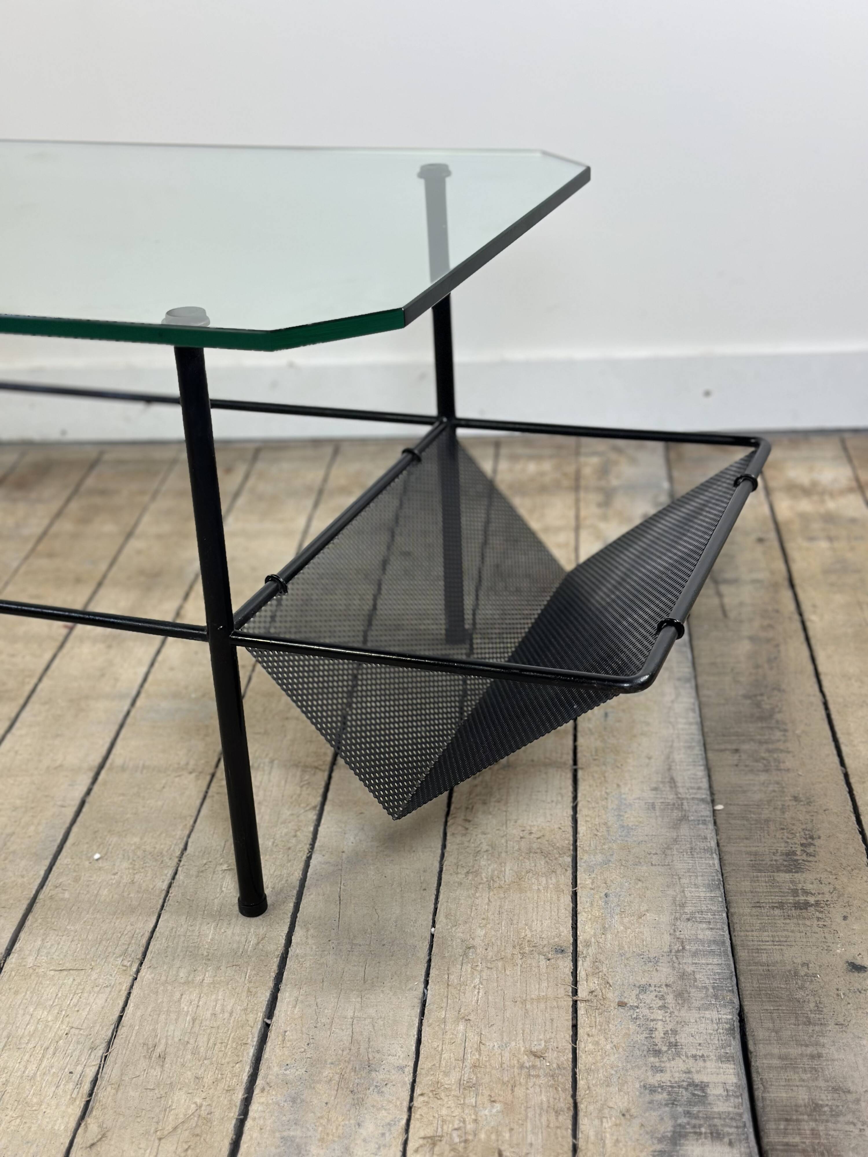 Metal and glass coffee table gérard guermomprez 1956