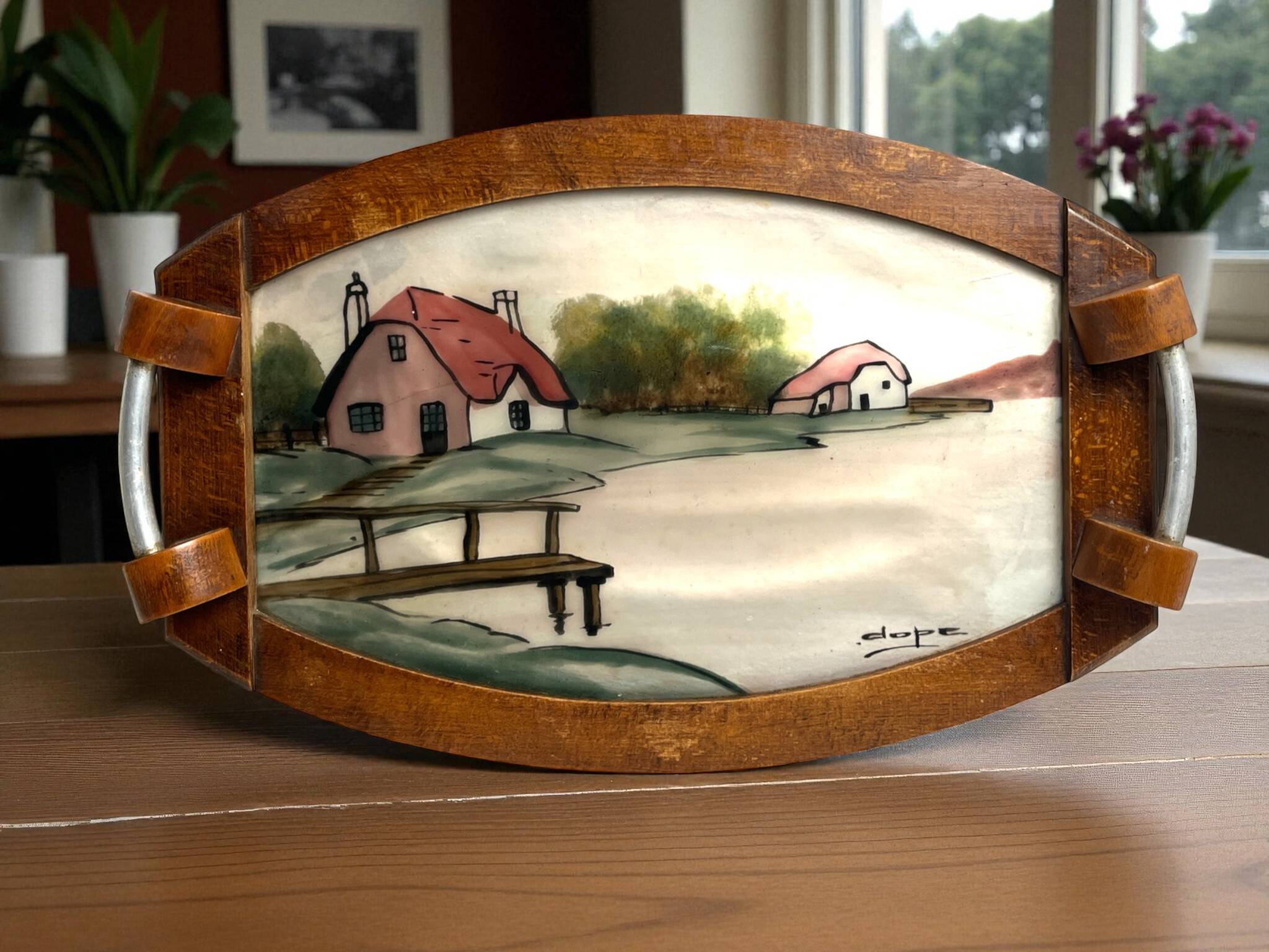 Art Deco, painted glass top, wooden frame, signed Dope, circa 1930
