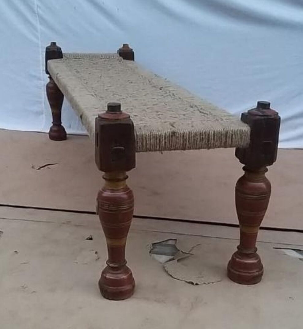 Charopy bench in tek with braided jute seat