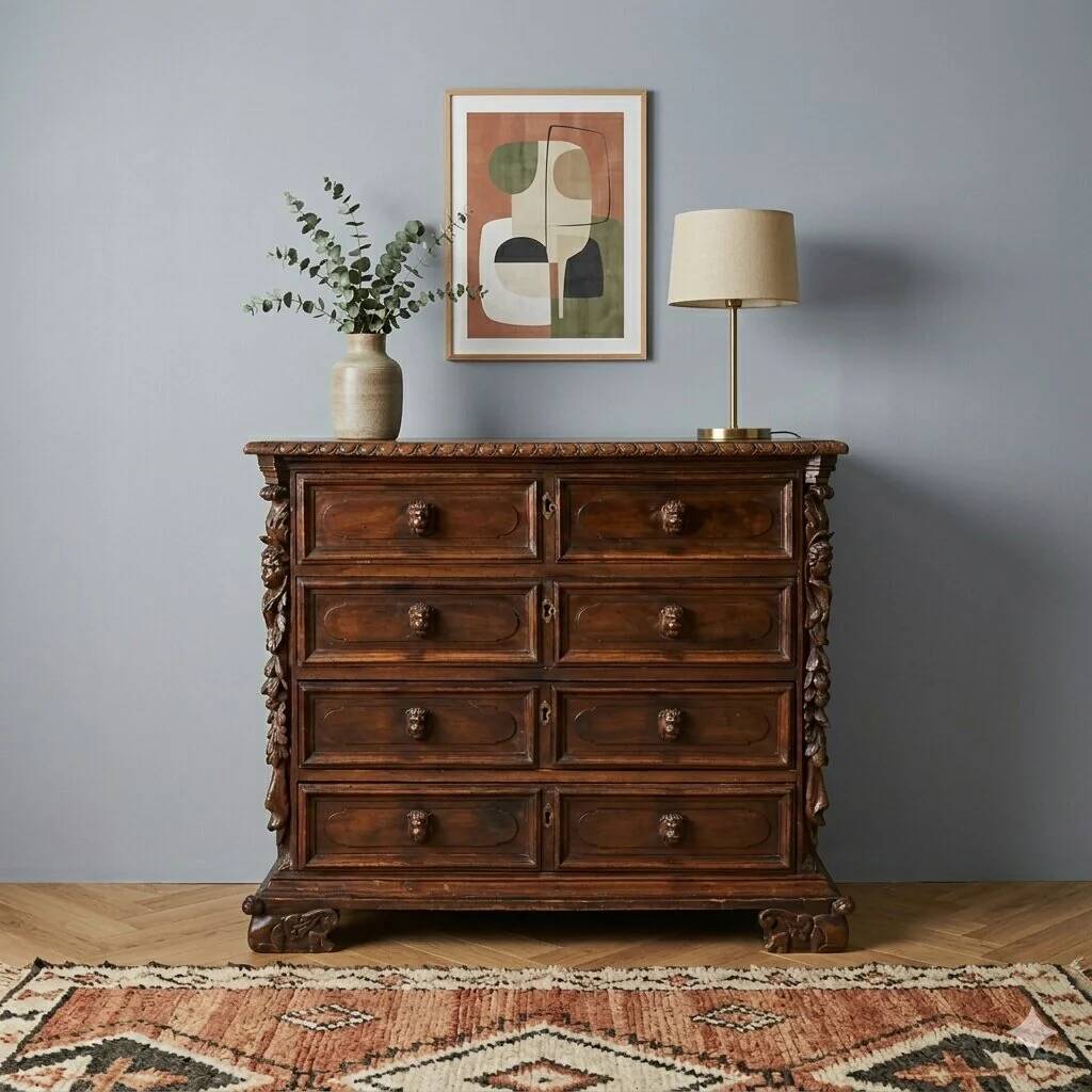Commode baroque ancienne en noyer et peuplier XVIIIe siècle