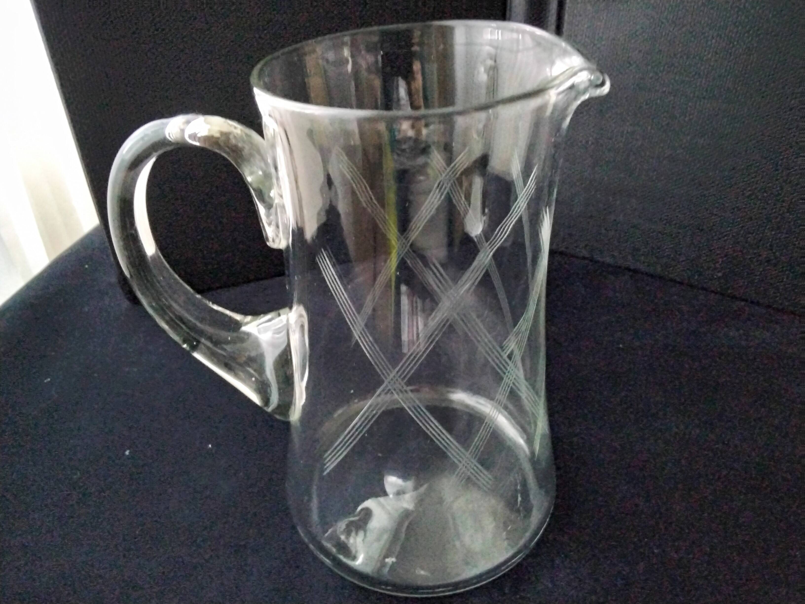 Water carafe, blown glass jug, engraved cross-hatched decoration