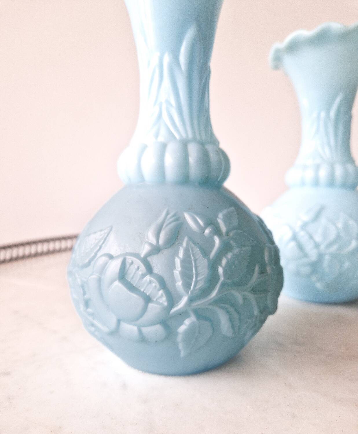 Pair of blue opaline vases from Vallérysthal Portieux decorated with roses
