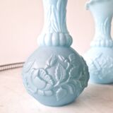 Pair of blue opaline vases from Vallérysthal Portieux decorated with roses