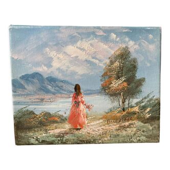 Tableau ancien huile sur toile jeune fille au lac signé