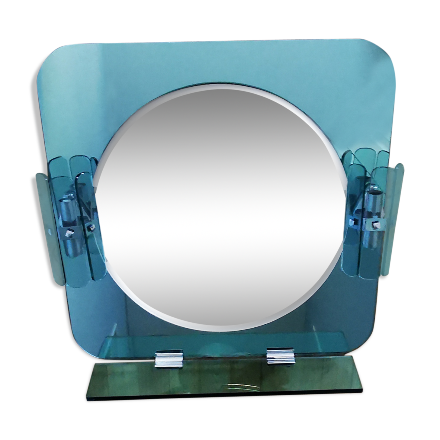 Miroir en verre bleu à deux appliques et une tablette 1980