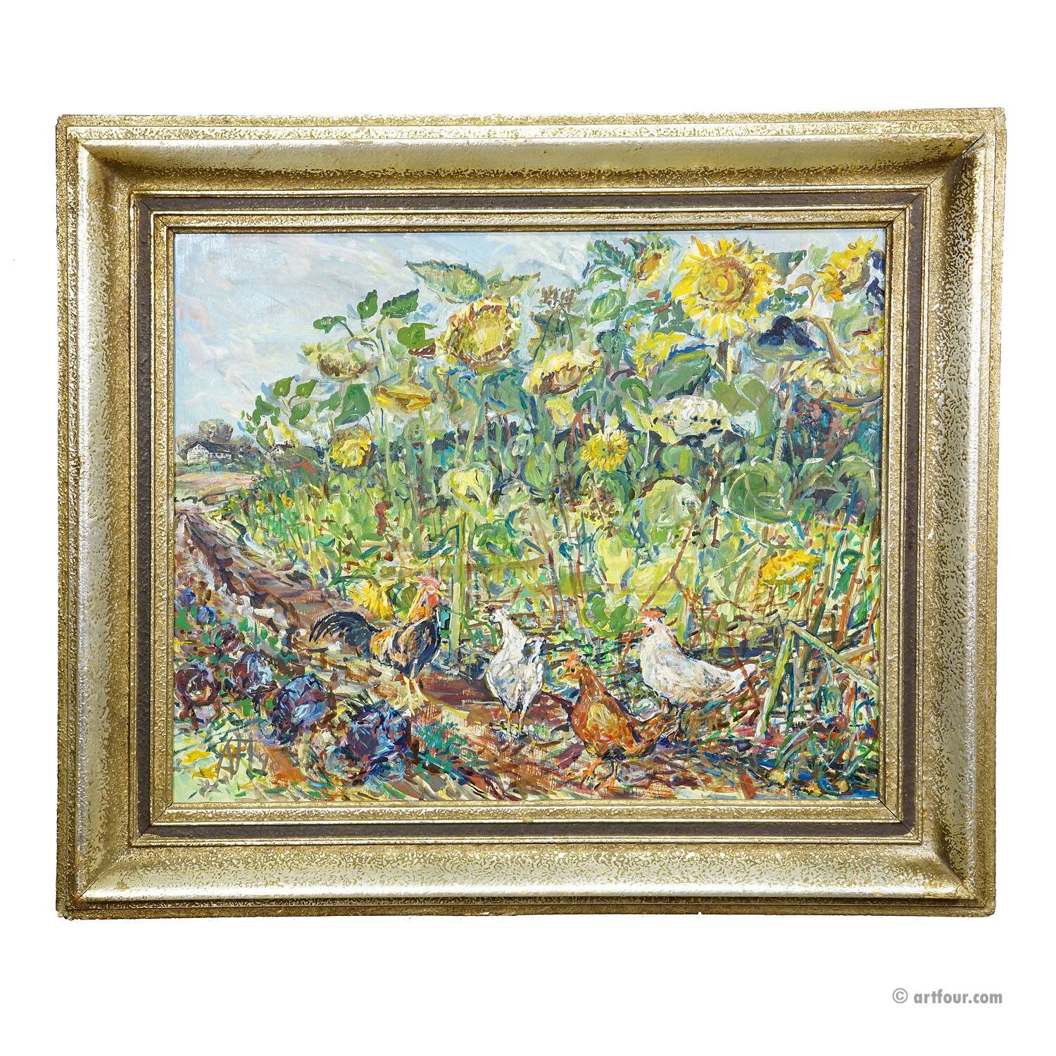 Sunflower field with chickens – original oil painting by Alexander Michael, 1990