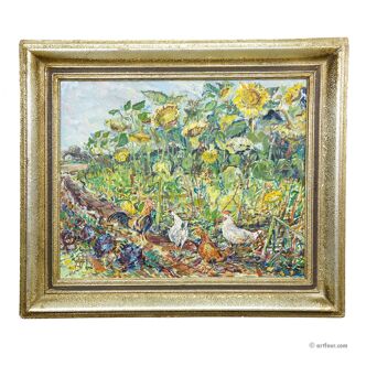Sunflower field with chickens – original oil painting by Alexander Michael, 1990