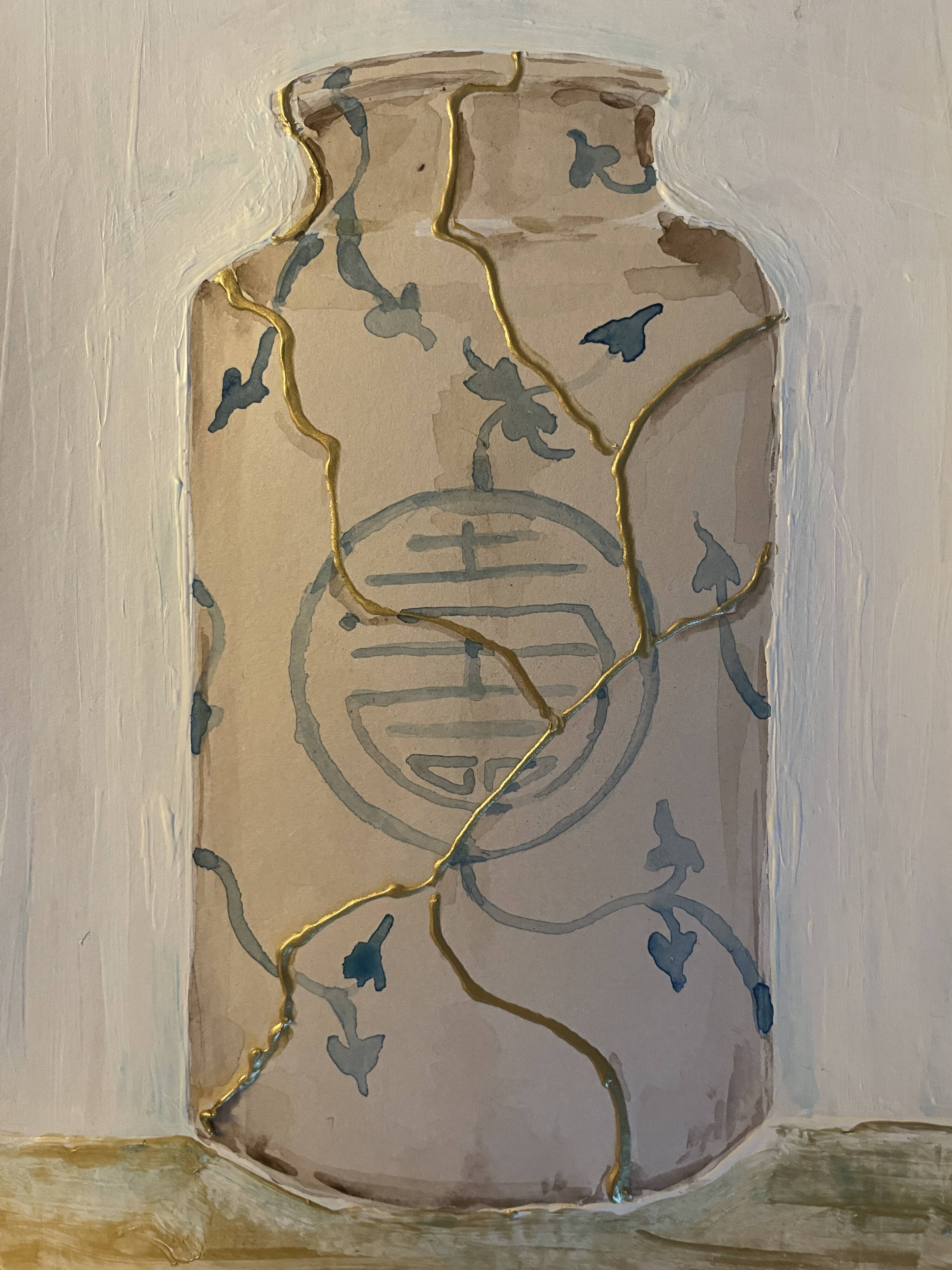 Painting signed “Japanese Kintsugi vase” mixed media + iridescent gold