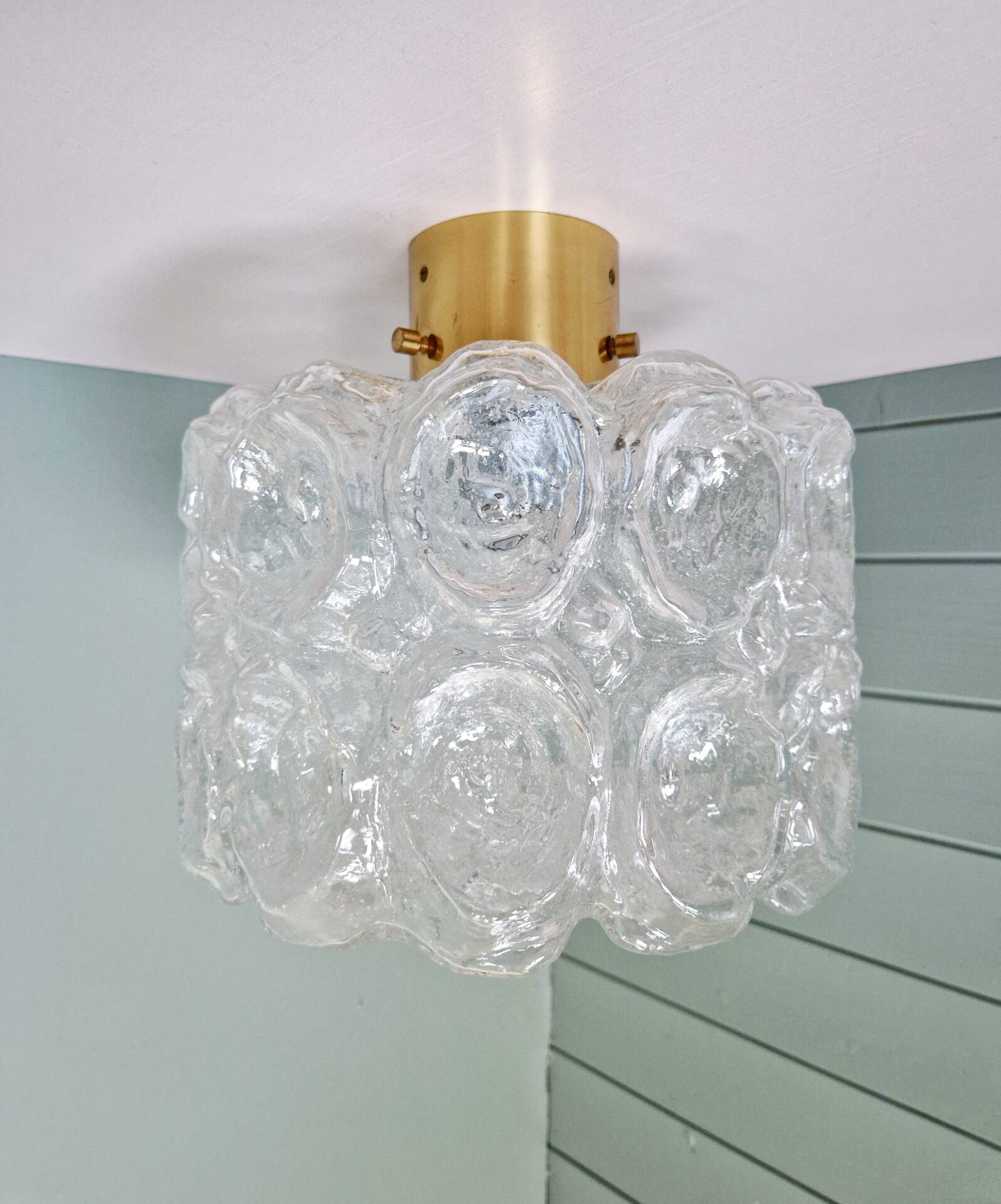 Brass and textured transparent glass ceiling light, Limburg, 1970