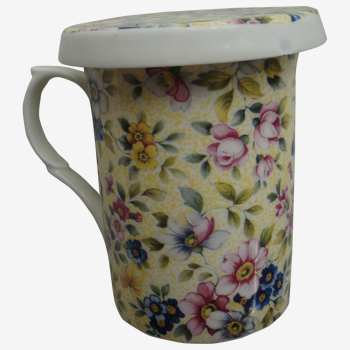 English mug with filter and lid Windsor liberty pattern yellow