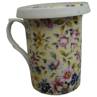 English mug with filter and lid Windsor liberty pattern yellow
