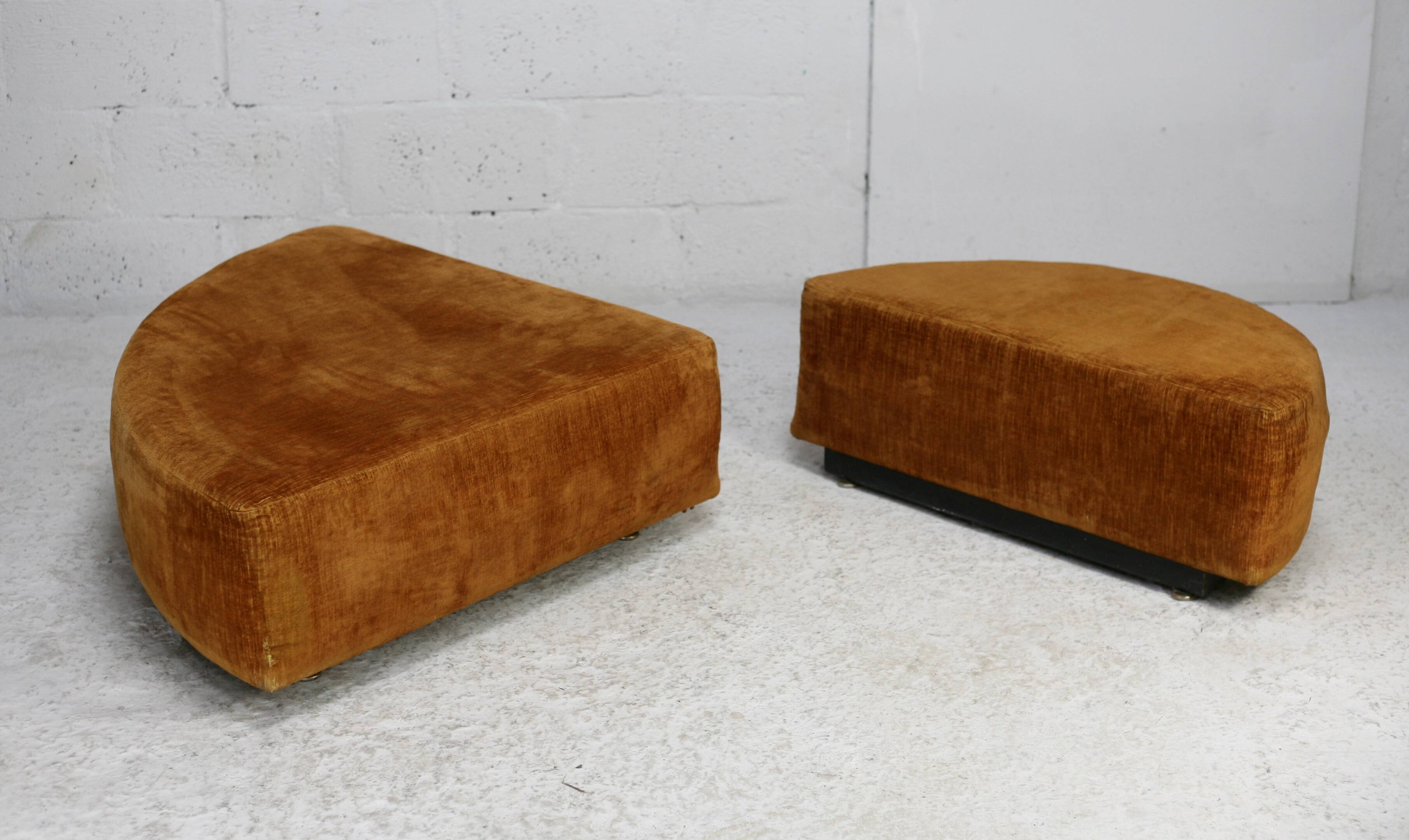 Pair of “tawny” velvet seats. Foam, wood, velvet. Circa 1970