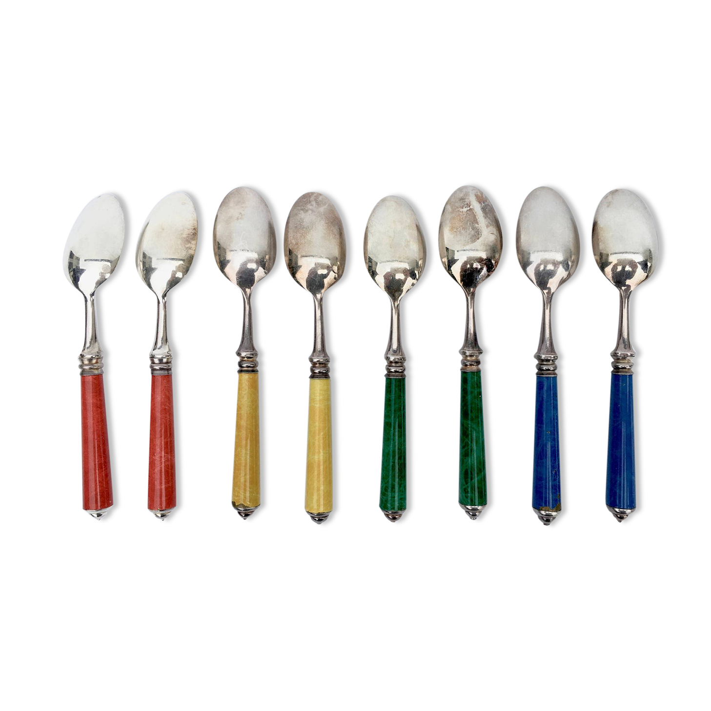 Set of eight enamelled silver spoons