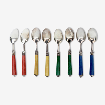 Set of eight enamelled silver spoons