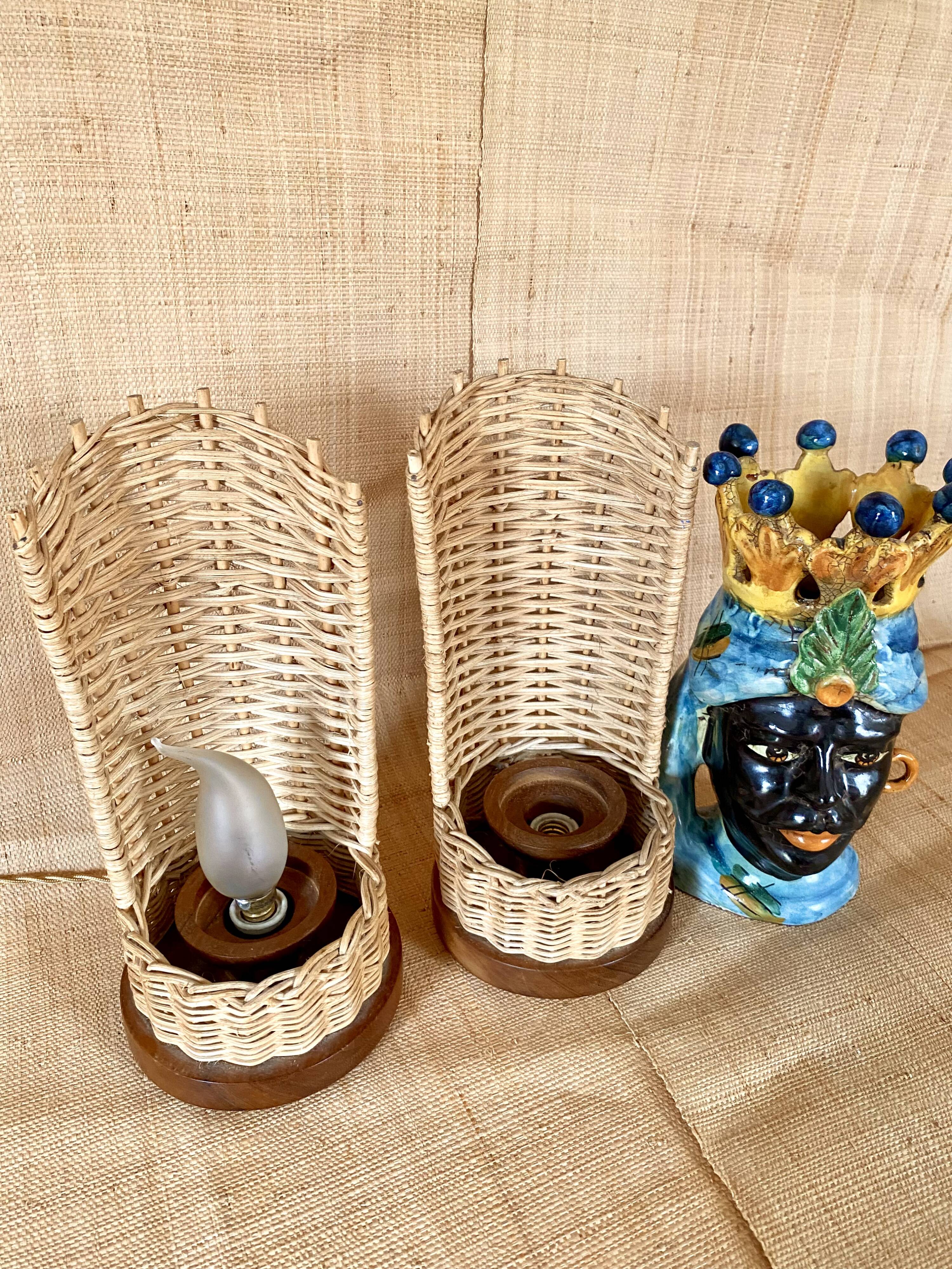 Duo de lampes rotin, câbles tissu neuf 2x2M