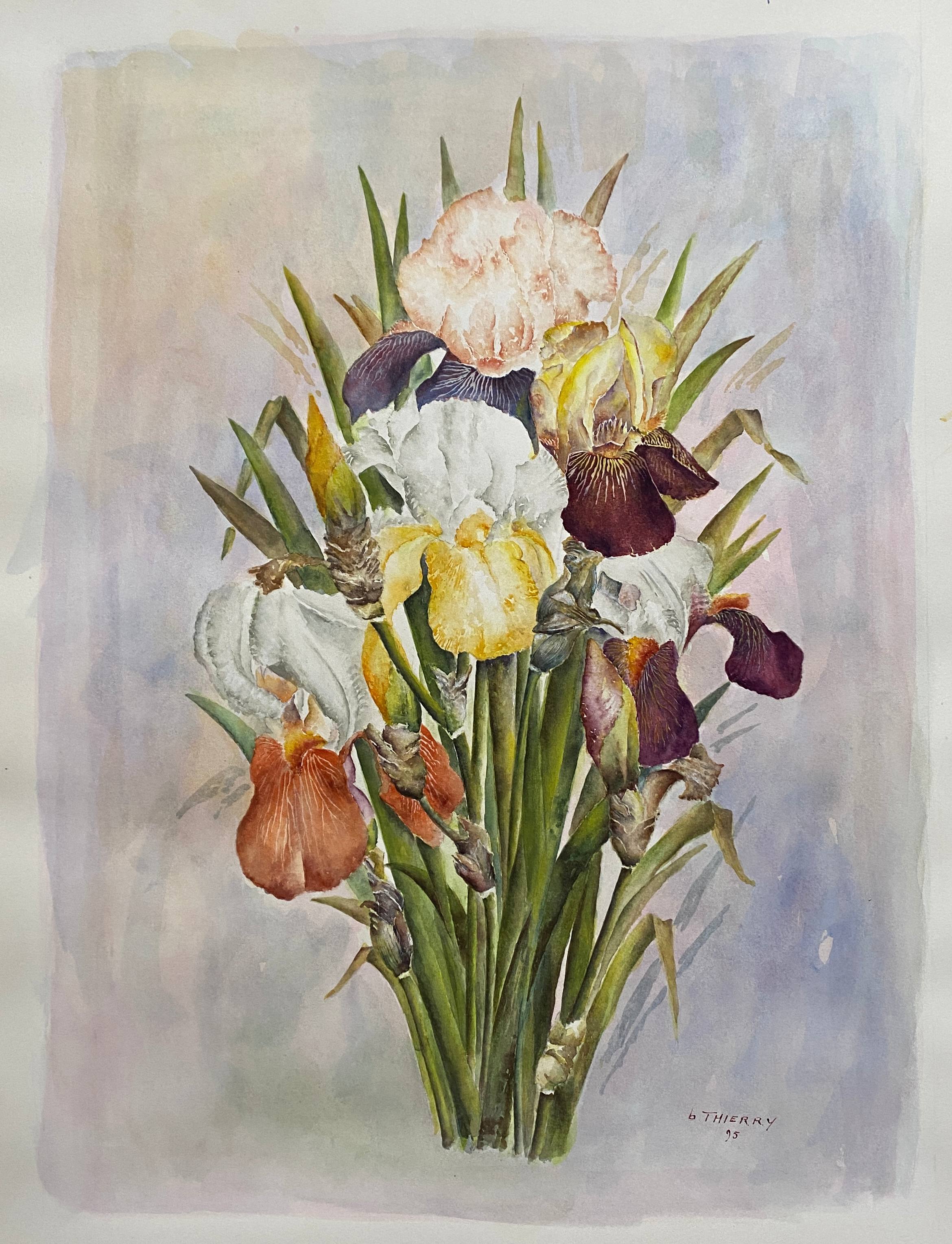 Tableau aquarelle naturaliste "Les Iris" signée B. Thierry 1995