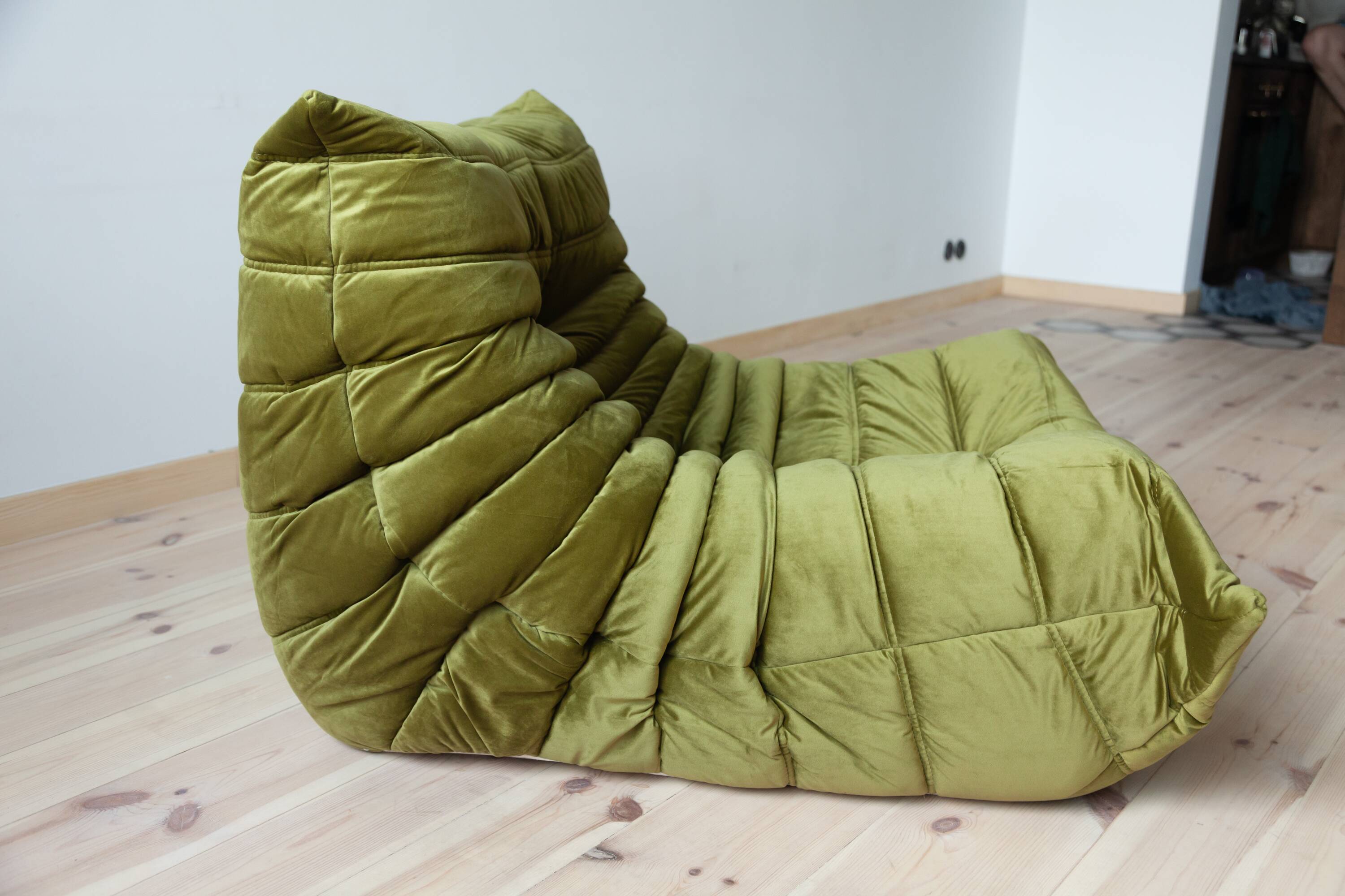 Togo armchair in olive green velvet