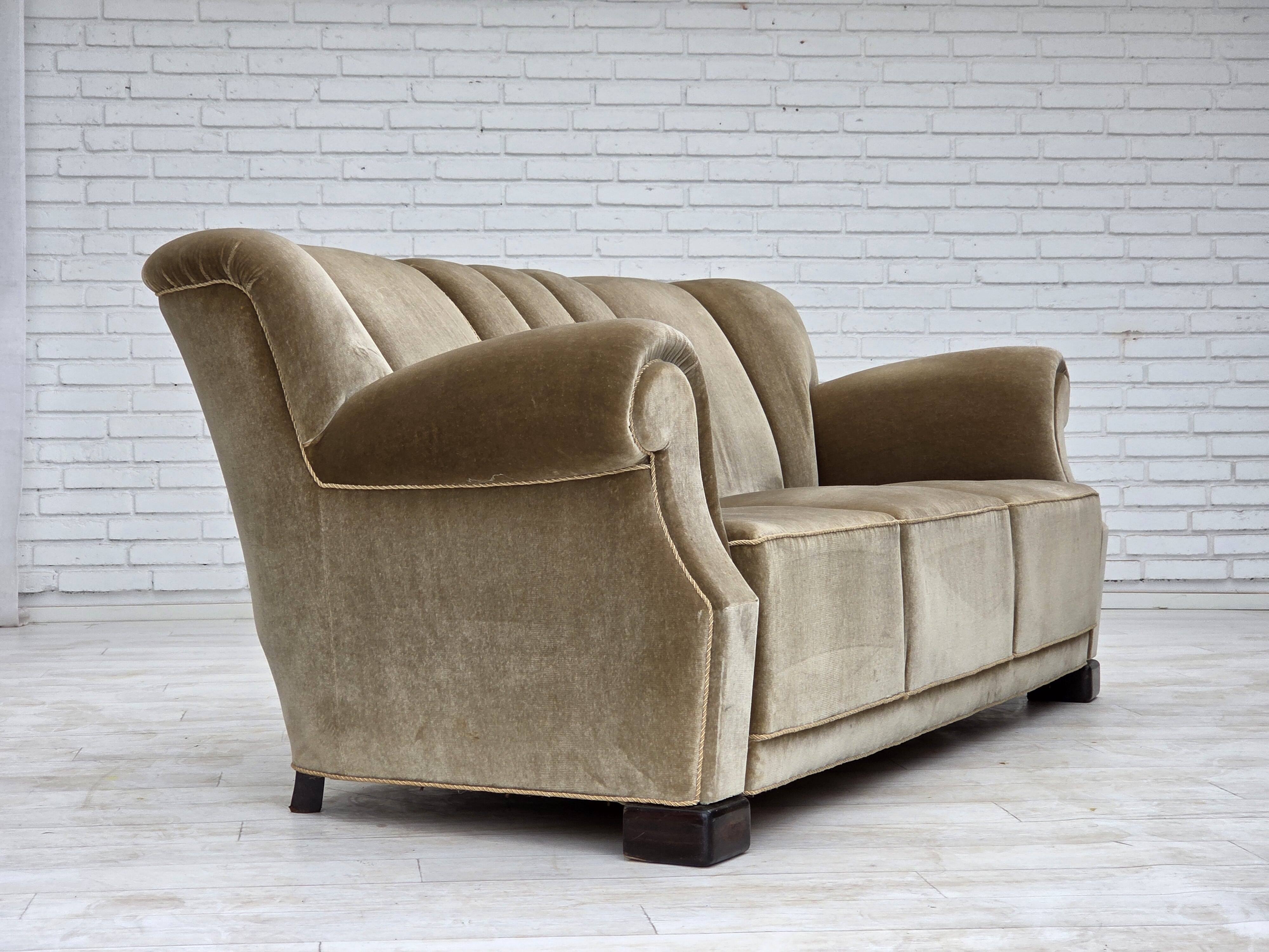 1960s, Danish 3-seater sofa, green furniture velour, oak wood legs.