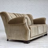 1960s, Danish 3-seater sofa, green furniture velour, oak wood legs.