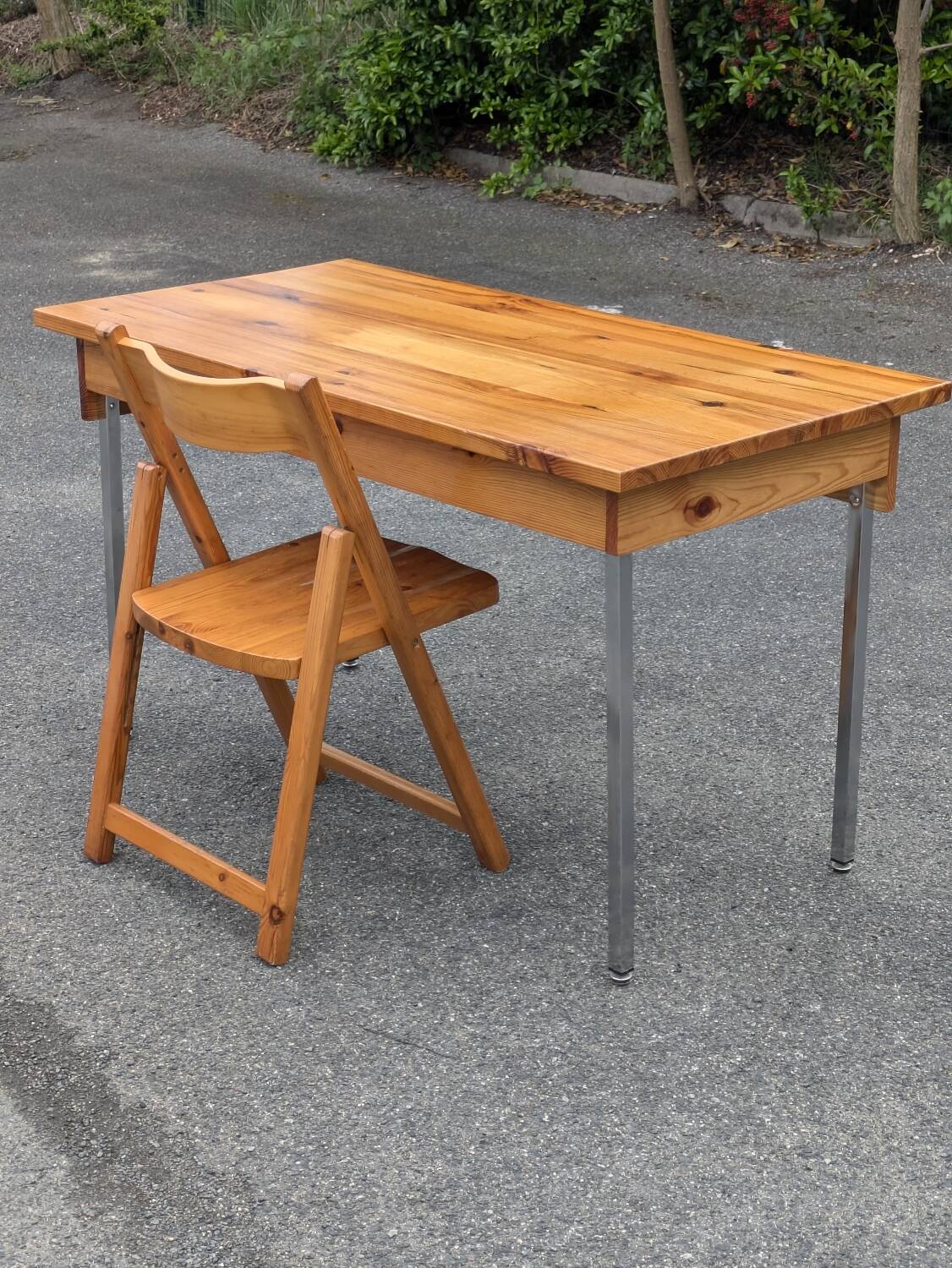 Vintage solid pine & chrome steel desk, 1970s