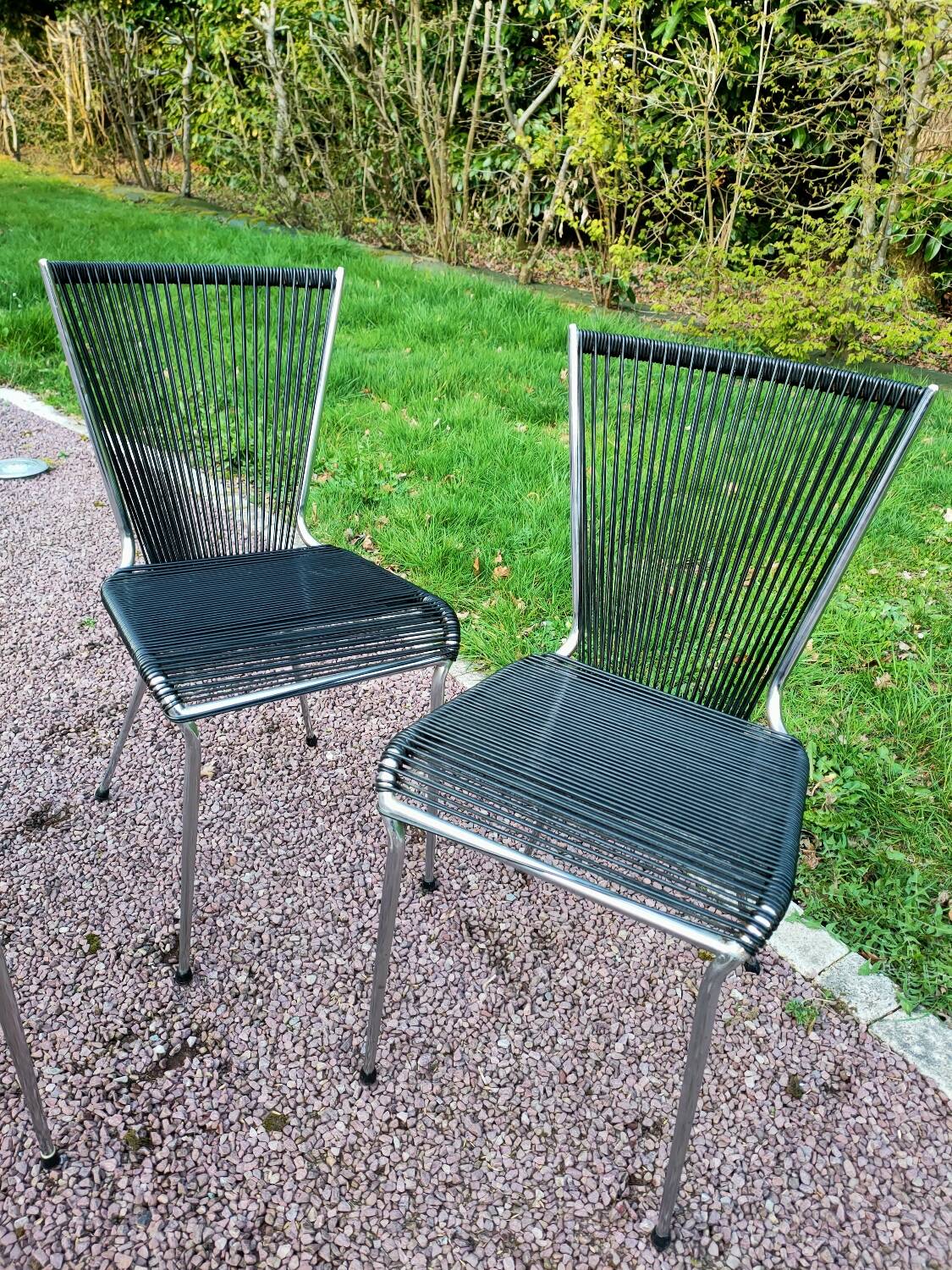 Pair of vintage Scoubidou chairs and stools