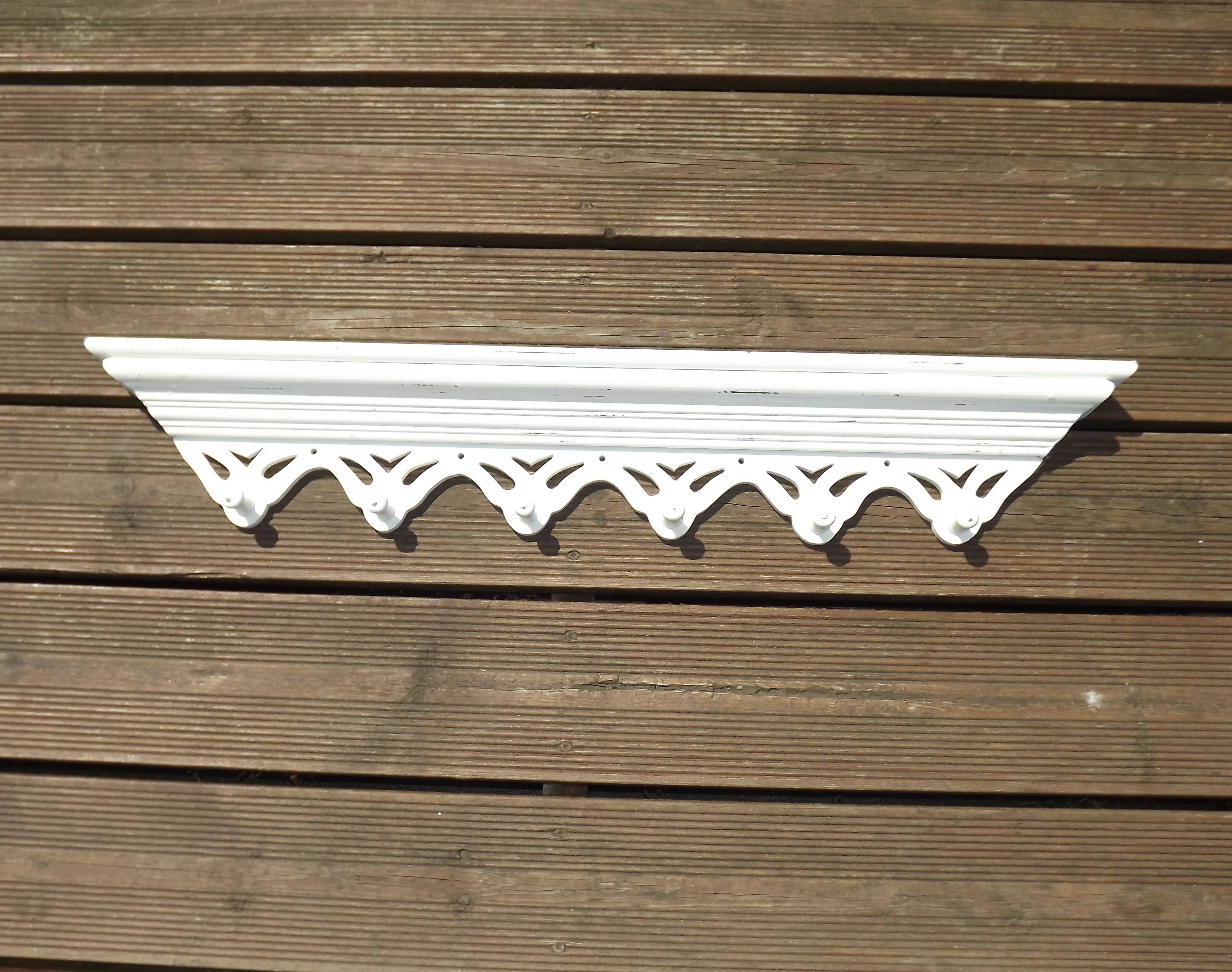 Vintage French White Shabby Chic 6 Peg Coat Rack with Shelf Cut-Out Detail