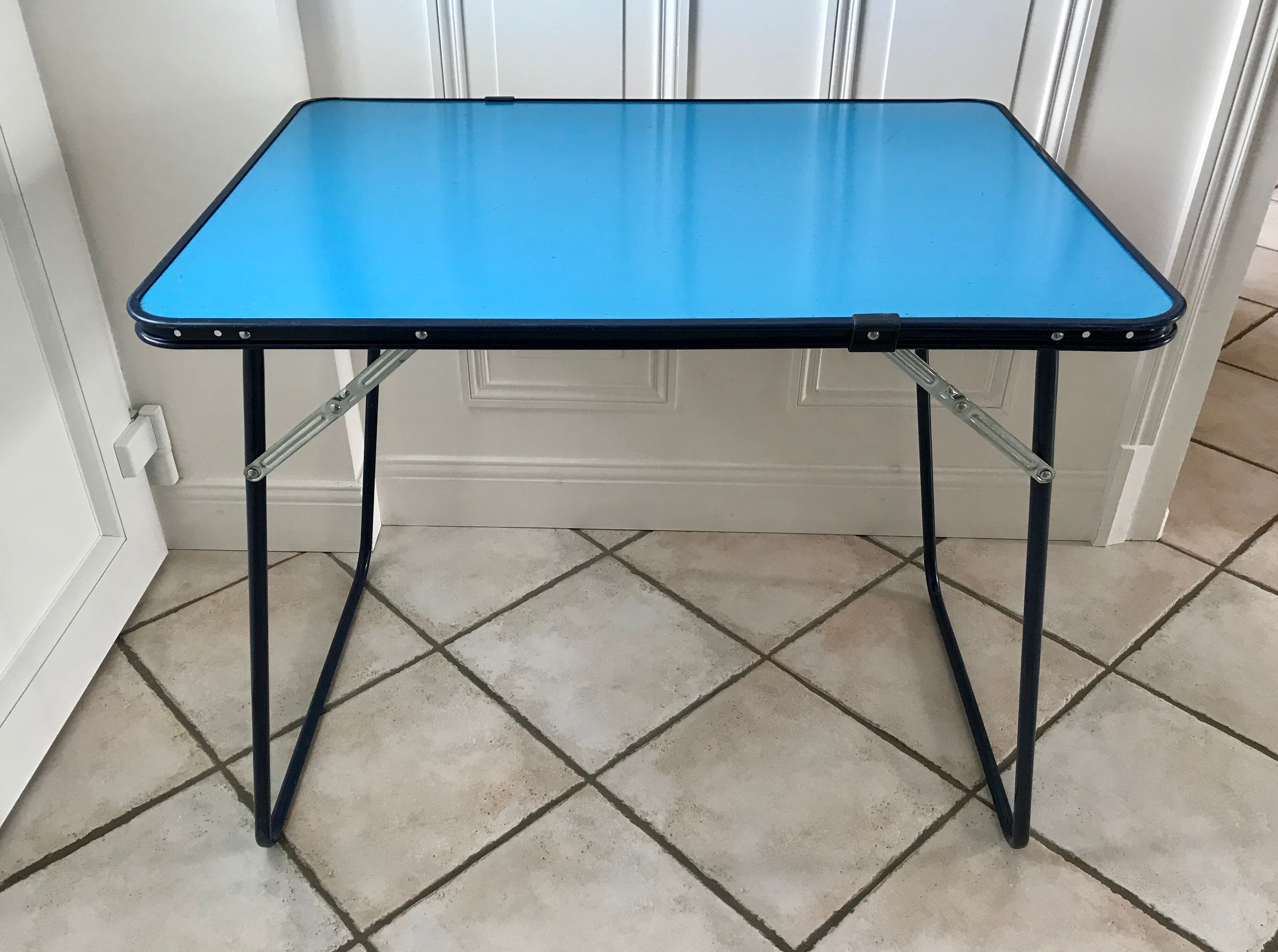 Folding camping table in sky blue formica 70s