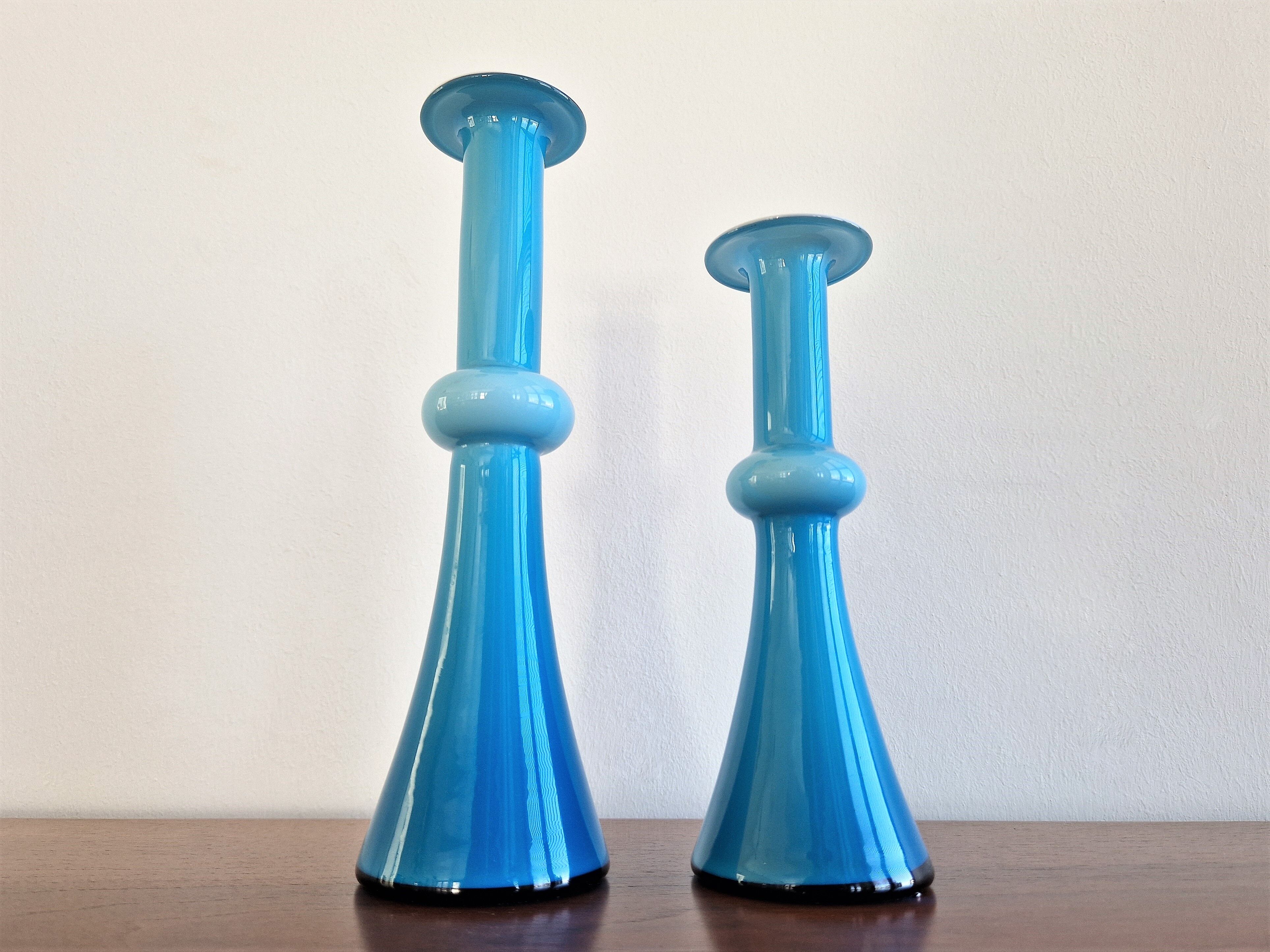 Arrangement of 3 blue glass 'Carnaby' vases by Per Lütken for Holmegaard, Denmark 1960's