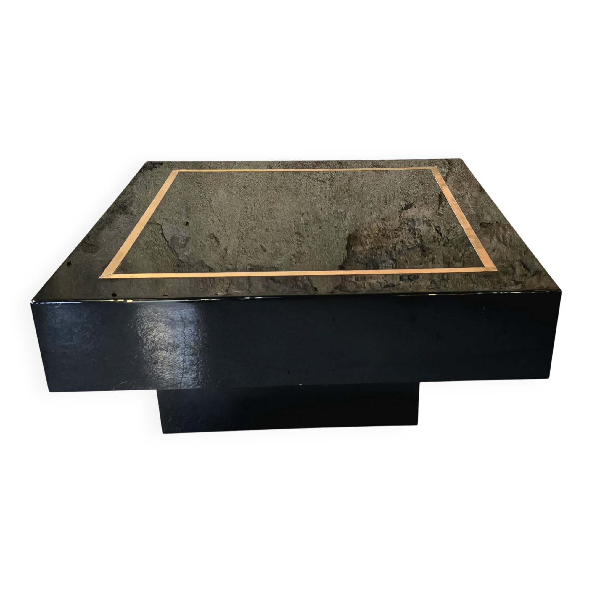 Table basse carrée en laque noire et laiton-Jean-Claude Mahey