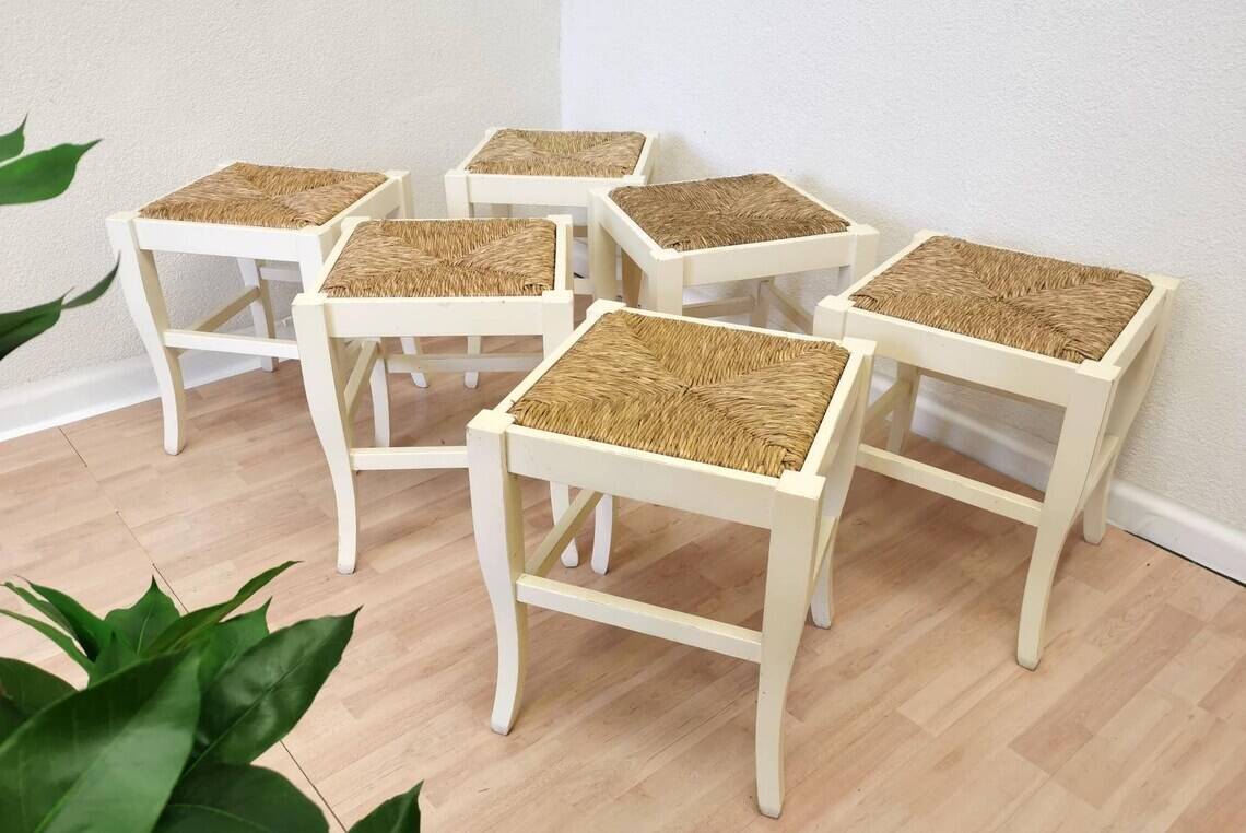 Set of 6 Vintage White Wooden Stool 1970s Boho Thatched Seat